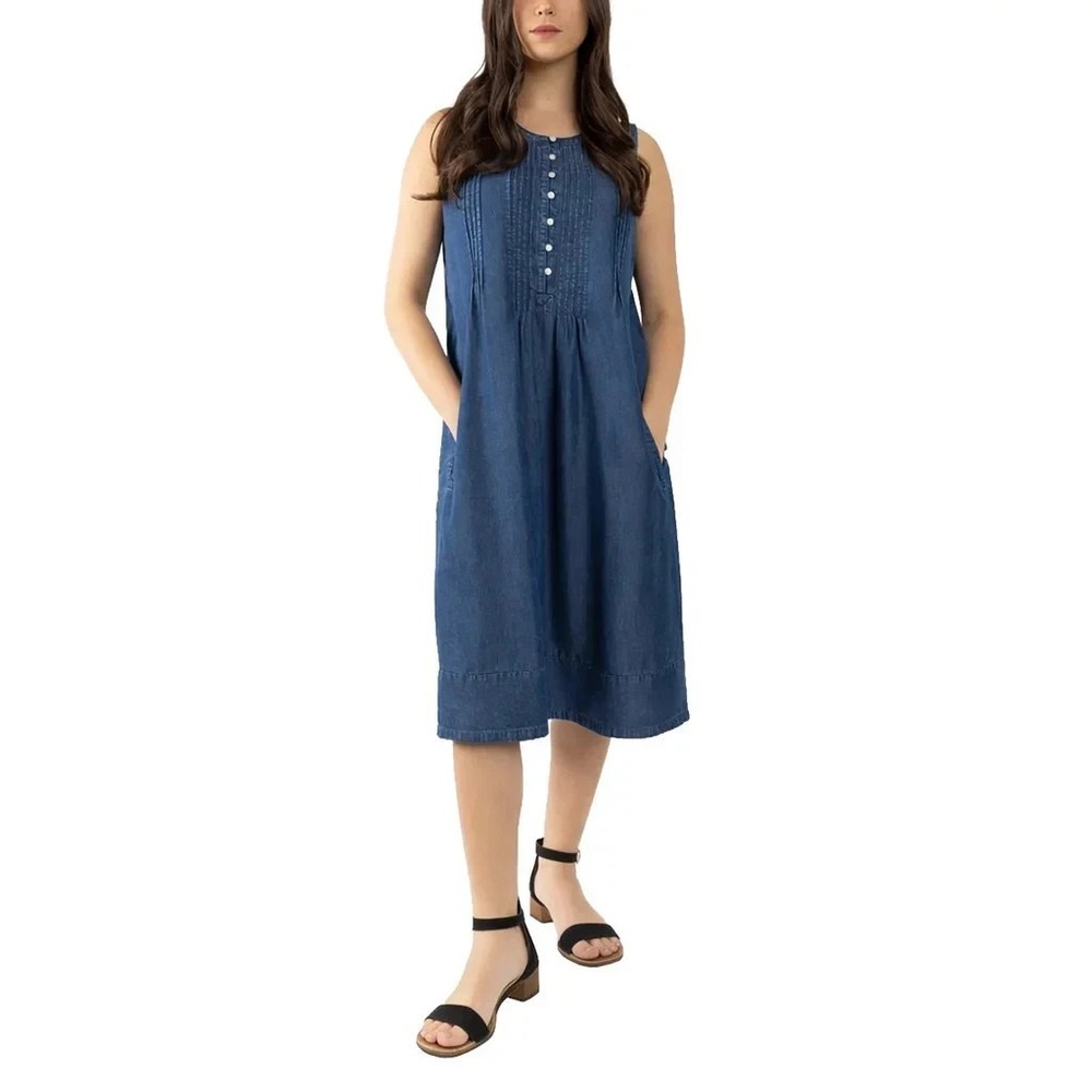 Coldwater Creek Women Dark Blue Tencel Sleeveless Pintuck Midi Dress Size Small